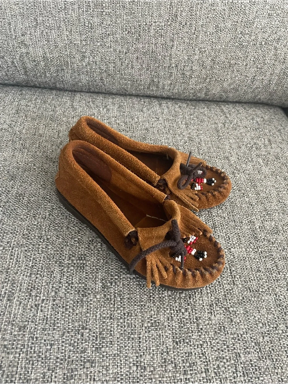 Minnetonka Brown Suede Fringe Beaded Kids Moccasins